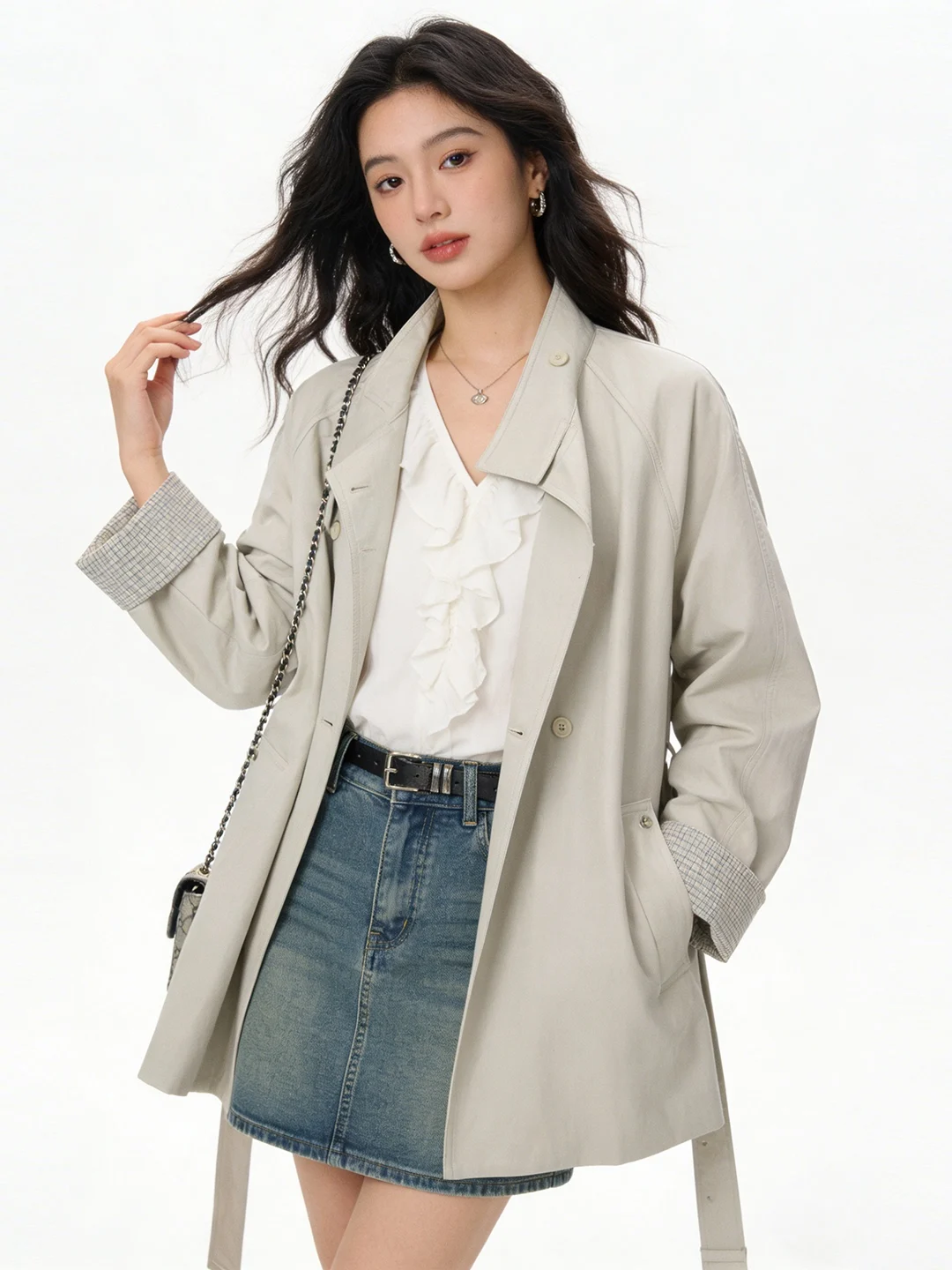 

Ретро кожаная куртка средней длины с двубортной застежкой и воротником-стойкой в корейском стиле, новая модель для ранней весны для молодых женщин