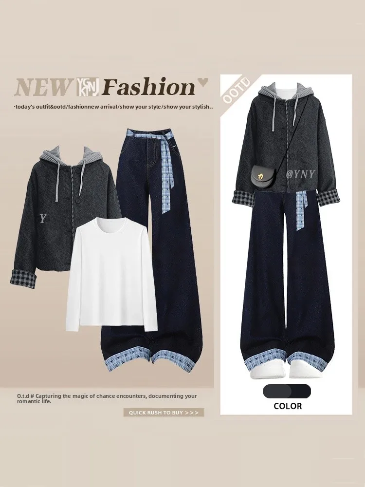 

Дизайнерский комплект: хлопковая куртка с капюшоном, базовый слой, рубашка, клетчатые джинсы. Зимний антивозрастной качественный комплект. Женский модный ансамбль.