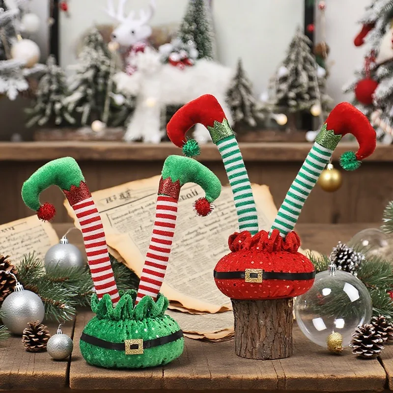 1개 크리스마스 장식 만화 빨간색과 흰색 줄무늬 벨트 엘프 줄무늬 엘프 발 장식 구부러진 크리스마스 분위기 장식