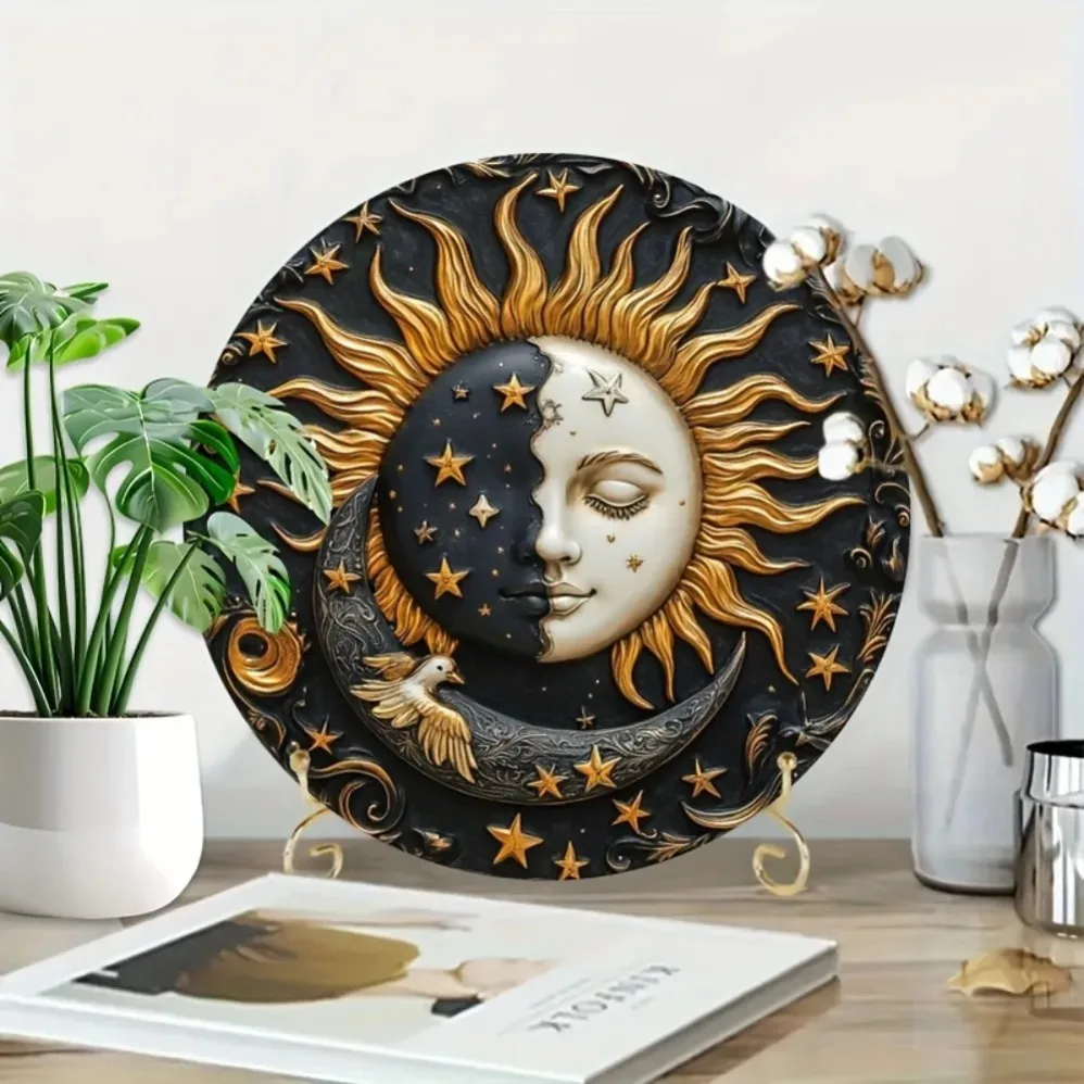 Wiederverwendbarer 2D-Wandkunstaufkleber „Sun & Moon“ – wasserfestes kreisförmiges Metallschild |   Vorgebohrt für Heim- und Café-Dekoration
