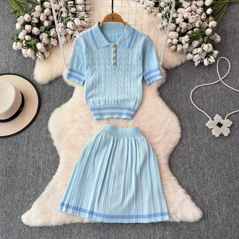 

Summer New Knitted Sweater Two-Piece Set Women's Retro Short Sleeve Top High Waist Pleated Mini Skirt Set Y2k ﻿