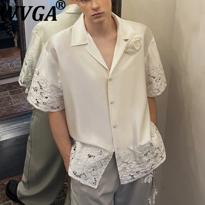 

WVGA New Men Summer Tide Lace Trim Trendy Short Sleeve Shirt Niche Chic Casual French Style High-end Silky Satin Tops Ins W17975