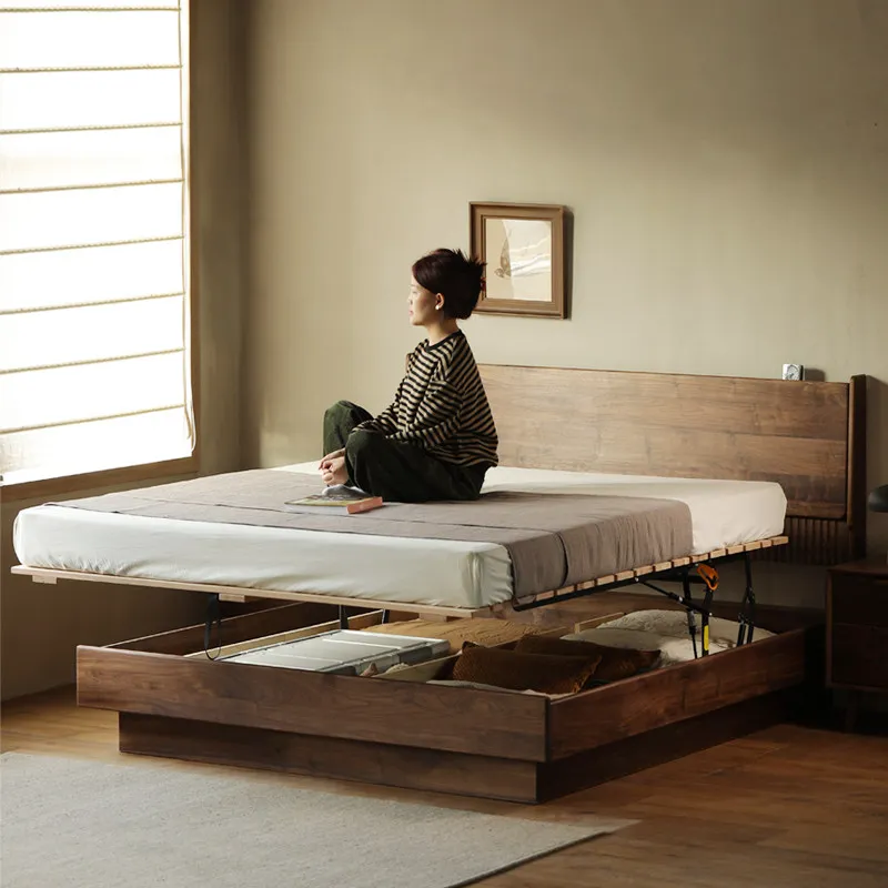 Black walnut, storage bed, Japanese-style Nordic all-solid wood bed, small apartment tatami storage high box bed