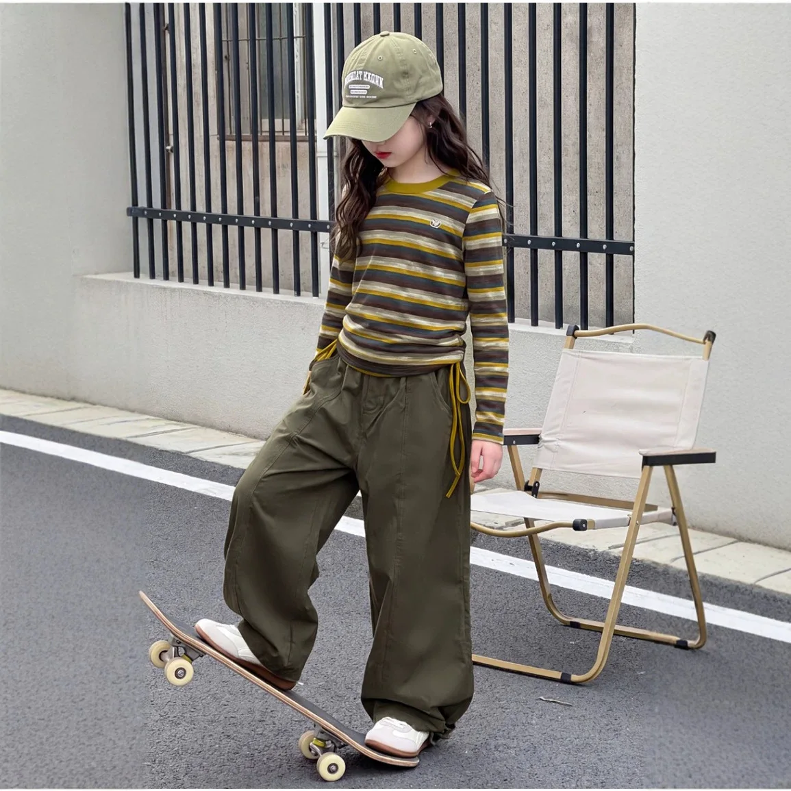 Ins Autumn Junior Girls 2PCS Clothes Set Teens Girls Striped Long Sleeve Tops Suits Loose 2-14Y Kids Girls Green Overalls Outfit