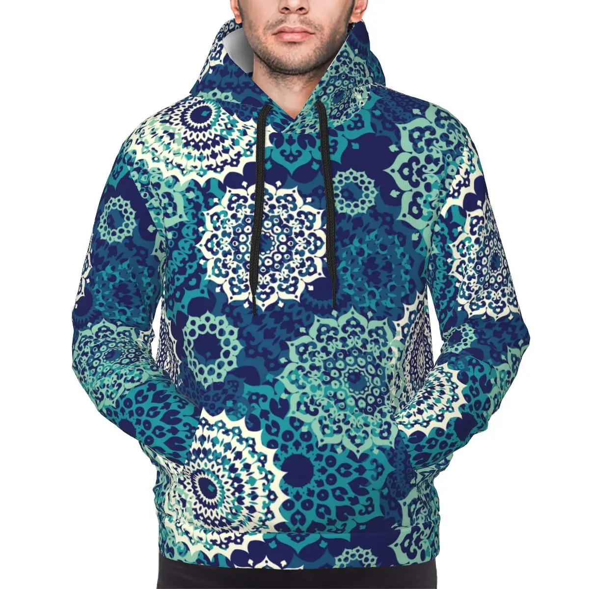 Mens Womens Blue Teal Oriental Mandalas Hoodie Hooded Collar Drawstring Hoodies Pullover Sweatshirts Long Sleeve Shirt