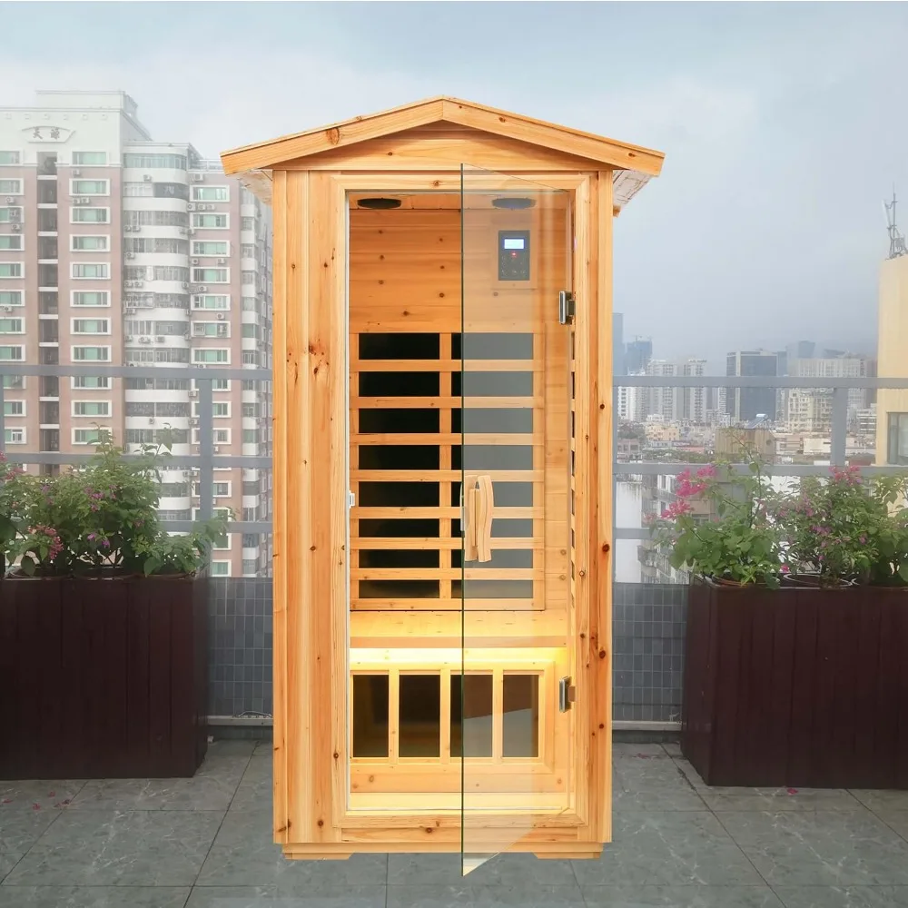 Far Infrared Wooden Outdoor Sauna, 1-Person Size, W/1560W, 6 Low EMF Heaters, 10 Minutes Pre-Warm Up, Time and Temp Pre-Set