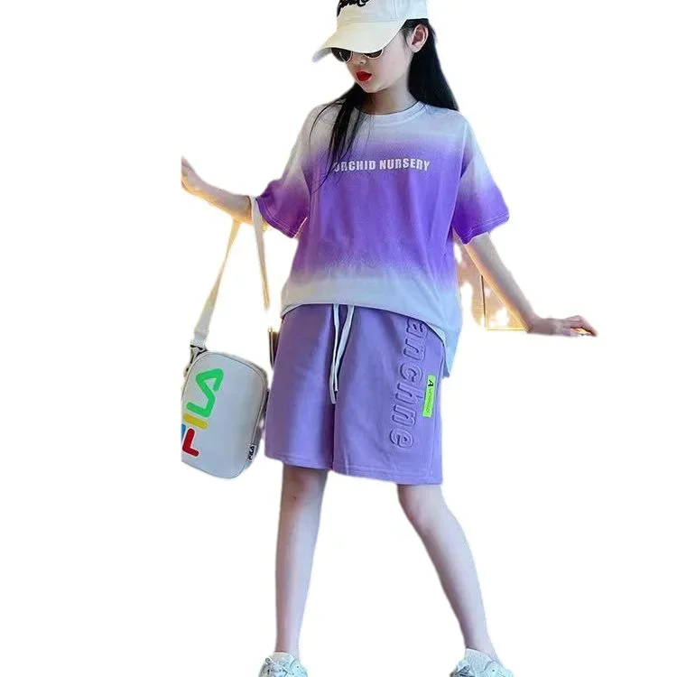 Children Clothes Girl Kids Top and Bottom Clothes Set Purple Gradient Color 2-piece Casual Sports Street Style Suit Loungewear