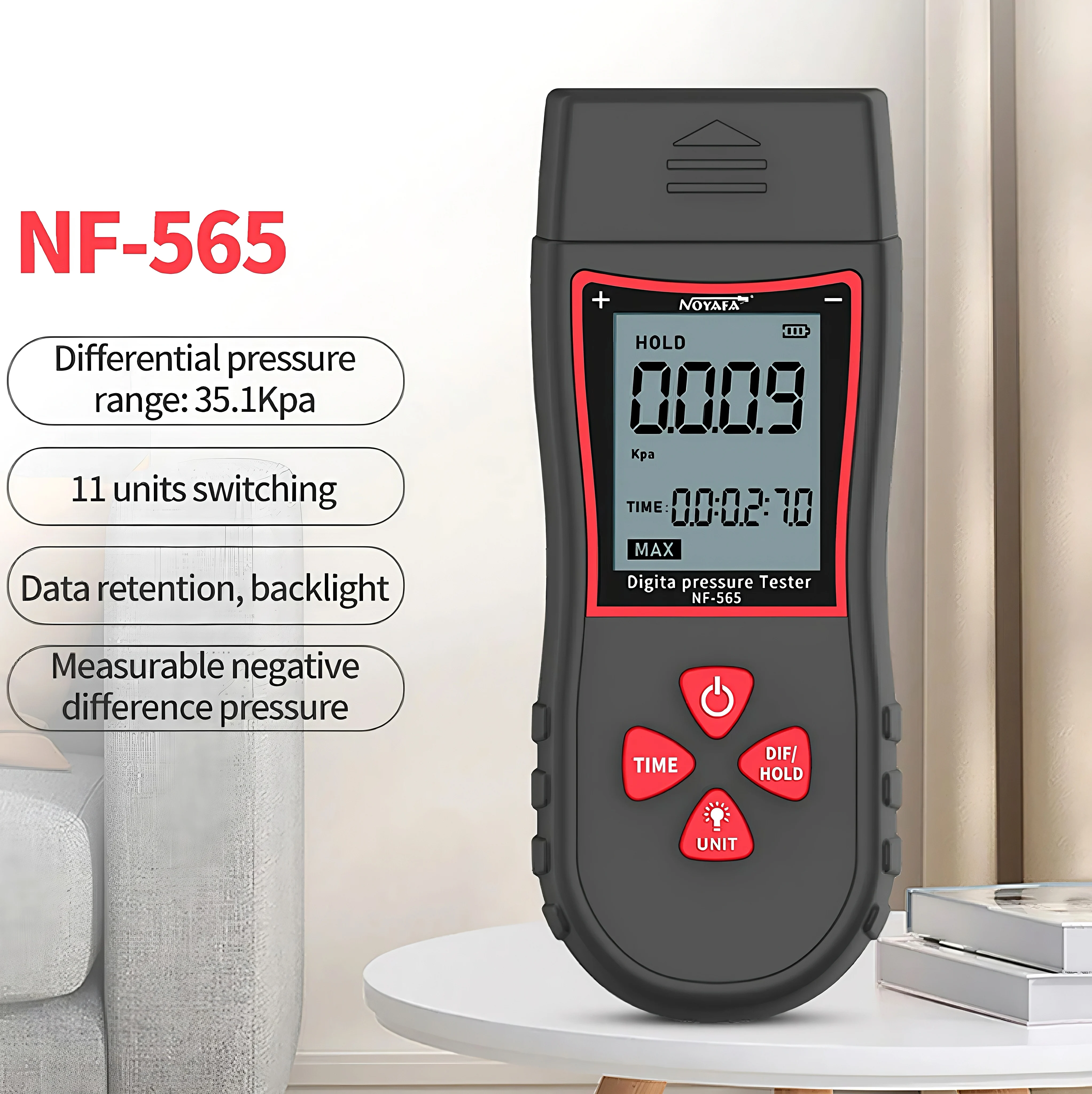 

NF-565 Digital Differential Pressure Gauge - ±105 KPa Micro Pressure and Wind Pressure Meter Air Differential Gauge