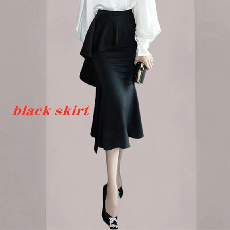 Korean Popular Personality Long-sleeved Chiffon Shirt Ruffled Skirt Two-piece Elegant Women Skirt Suit Office Manager Outfits