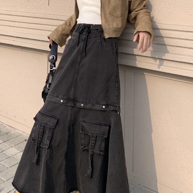 สาวร้อนกระโปรงเอวสูงการออกแบบความรู้สึกอุตสาหกรรมหนัก DENIM ชุดทํางานฤดูใบไม้ผลิและฤดูใบไม้ร่วง Street ชุดสตรี
