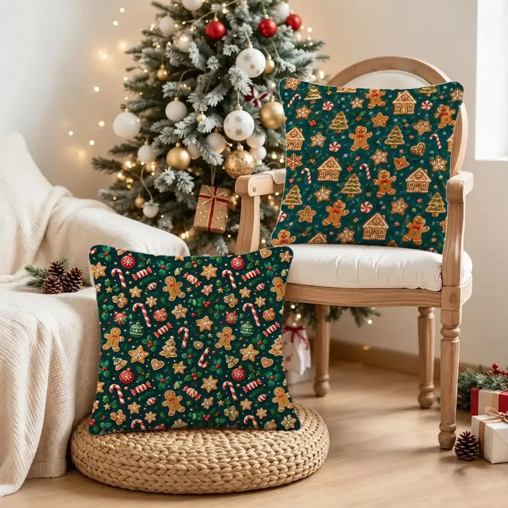 Cute Art Christmas Gingerbread Man Candy Cane Scatter Cushion Cover Short Plush Pillowcase, Sofa Bedroom Home Decor, Ideal