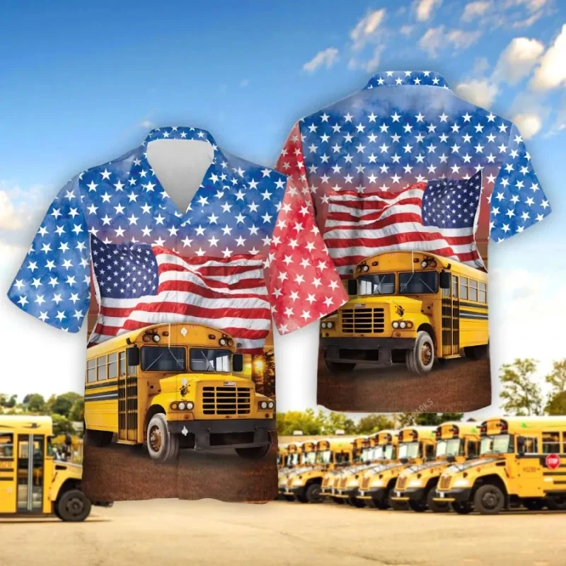 2024 School Bus Men's Shirts Lapel Fashion Shirt For Men Street Short Sleeve Top Uniform Summer Men Hawaiian Shirts Wholesale