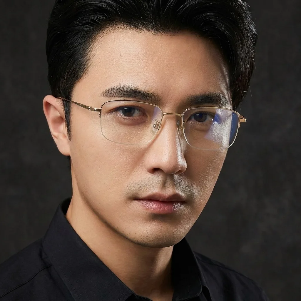 Fashionable Business Pure Titanium Wire Eyeframe Men's Half Frame Prescription Glasses Non spherical CR-39 Resin Lens