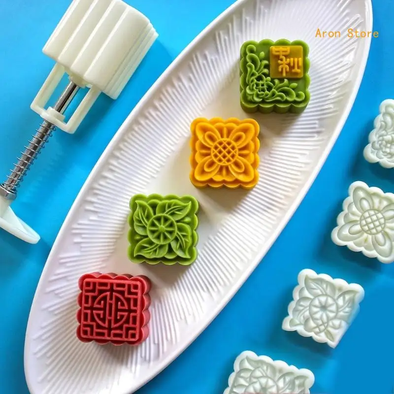 Plastic Mooncakes Making Molds Flower Handmade Pastrys Stamps Square Mungs Bean Cake Moulds Suitable for Family