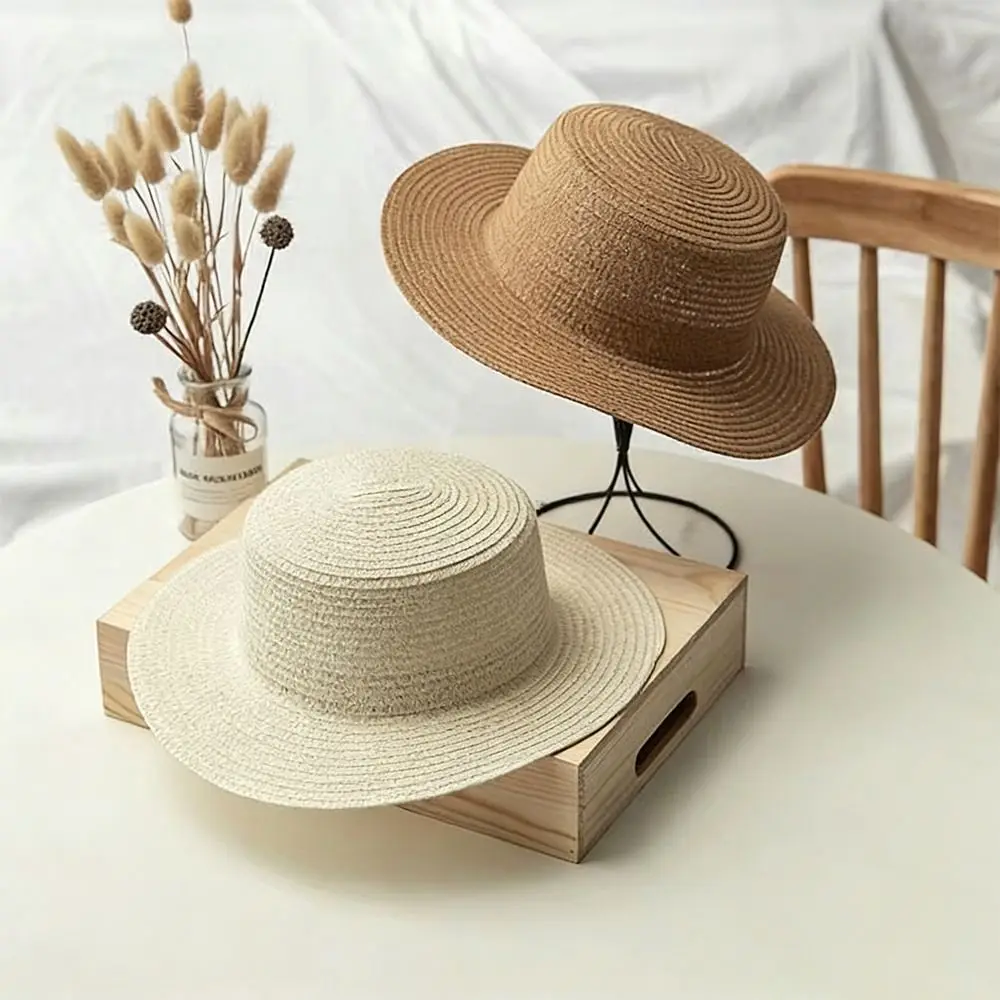 Fashionable Wide Brim Straw Hat Ladies Handwoven Straw Flat Top Sunscreen Hat Breathable Panama Cap Women Summer Beach Sun Cap