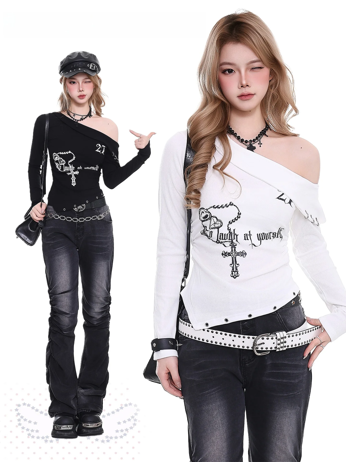 

Облегающий топ с открытыми плечами и длинными рукавами для женщин, весенняя новинка, оранжевый, в стиле панк, легкий, азиатский, для дерзких девушек