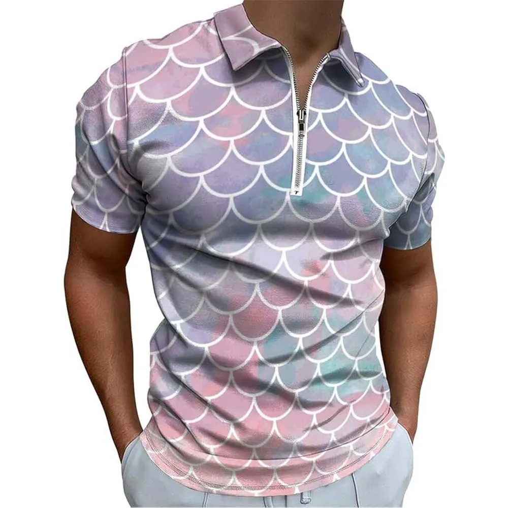 2024 new summer men's zip-up Polo shirt Dragon scale print quick dry zip-up Polo shirt loose business sports retro short sleeve