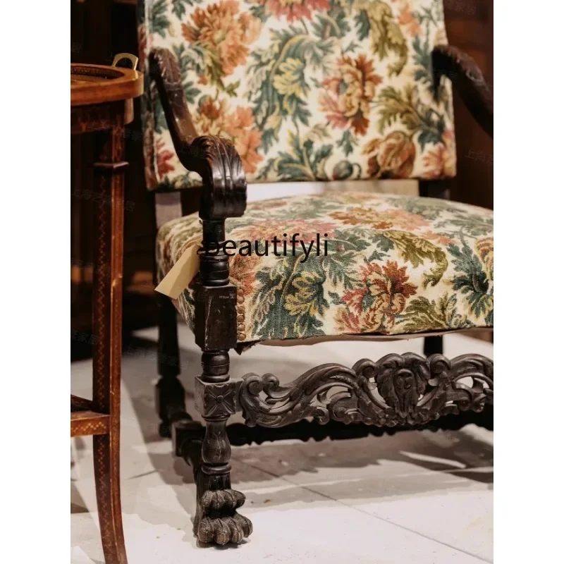 

LJYAmerican Casual Handmade Carved Solid Wood Fabric Dining Chair Balcony Mild Luxury Retro Middle Ancient Classic French Style