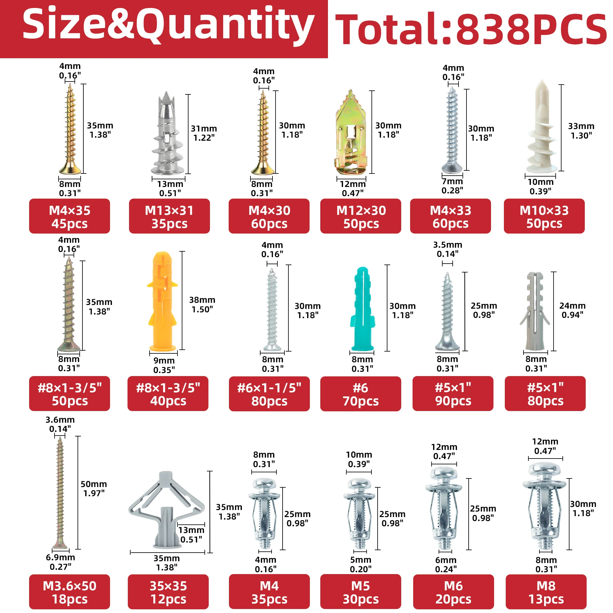 AIMUNOK 838-Piece Value Combo Set Plastic Drywall Anchor kit with Screws and Petal nut Expansion nut mounts, 11 Sizes Total