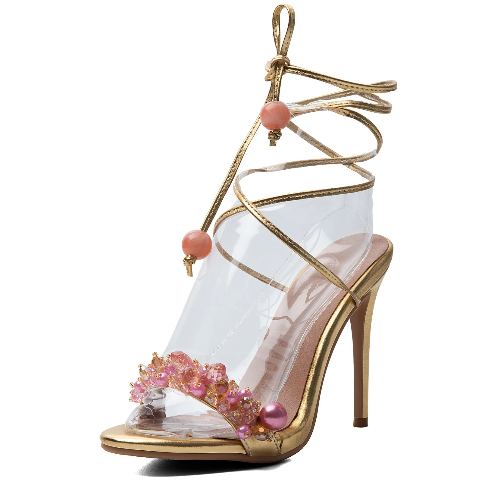 Sukeia Women Gold Round Toe Stiletto High Heel Sandals Rhinestone Pearl Beaded Wrap Around Ankle Lace‑Up Wedding Ladies Shoes