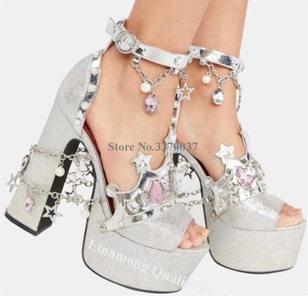 Linamong Colorful Diamonds Metal Chains Decorated Thick Heel Sandals Pink Satin crowns Rhinestones High Platform Pumps Big Size