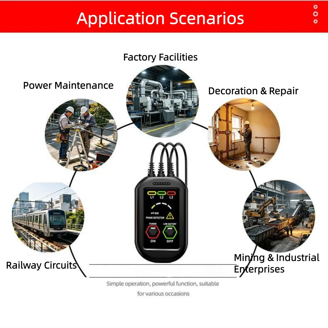 HY850 Non-Contact Phase Sequence Detector, 3 Phase AC Voltage Tester Phase, Sound and Light Prompt Phase Meter