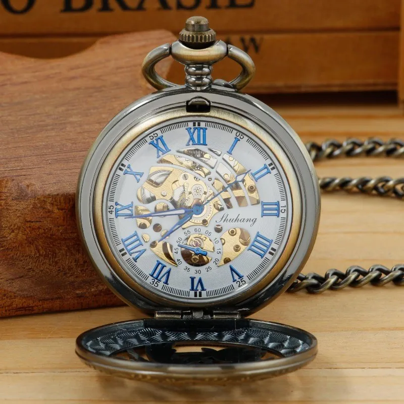 Men's mechanical movement Roman digital pocket watches, single-open and double-open case mechanical movement pocket watches