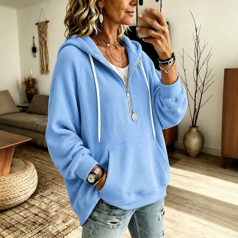 Women Half Zip Drawstring Hooded Pocket Ribbed Long Sleeve Sweatshirt