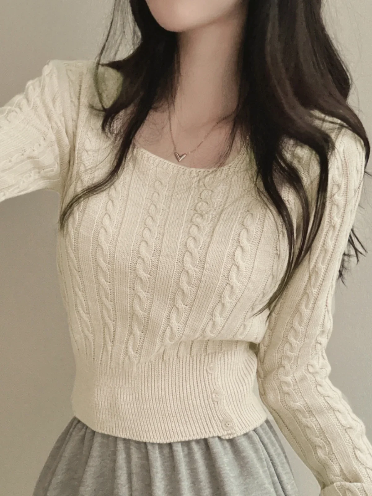 Sweter putar Wanita Korea Sle musim gugur pinggang pendek desain peramping rajutan baris tunggal kancing persegi kerah dasar Q59