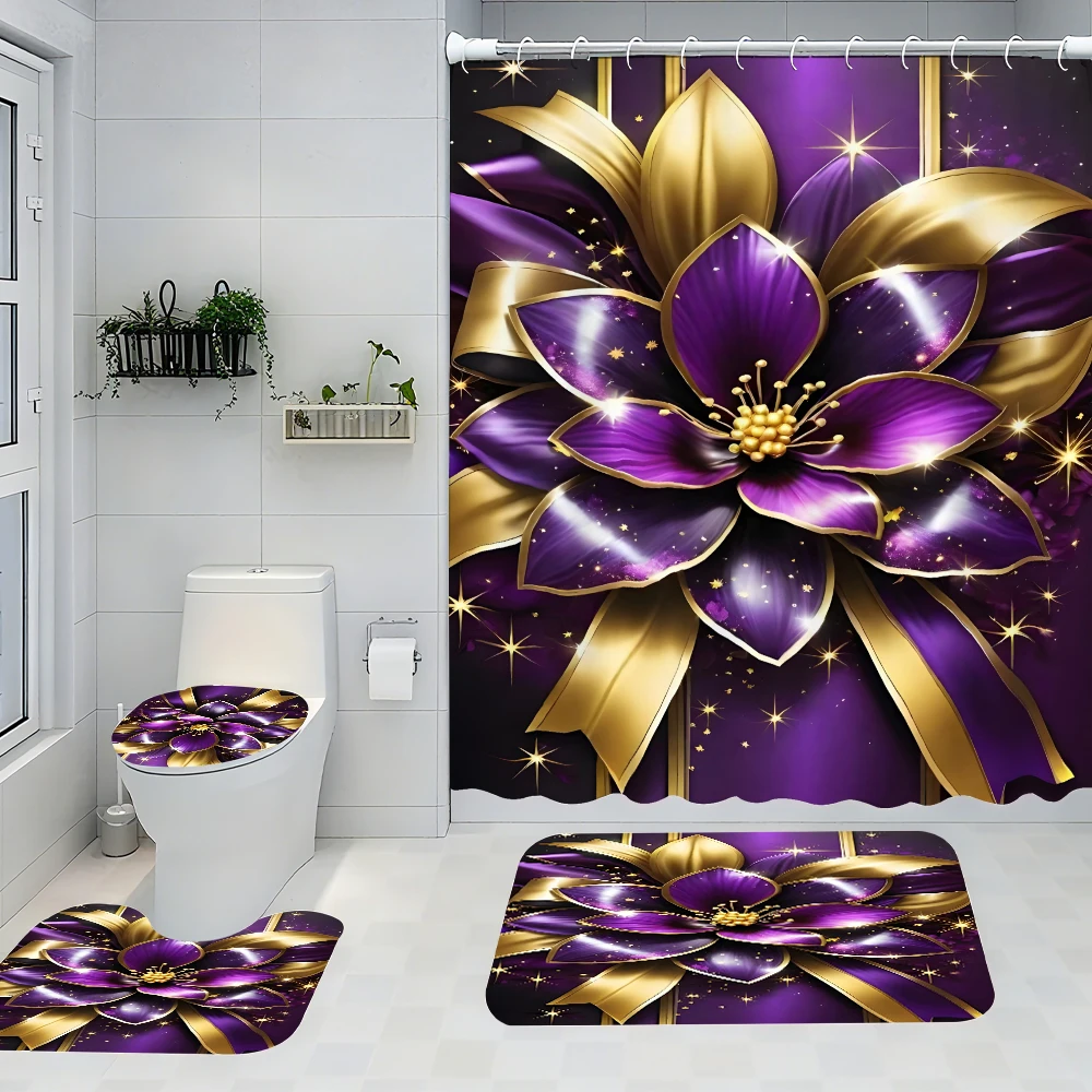 

4pc Purple Gold Lotus bath curtain Set, 2D flat printed bathroom partition curtain, modern home curtain decoration