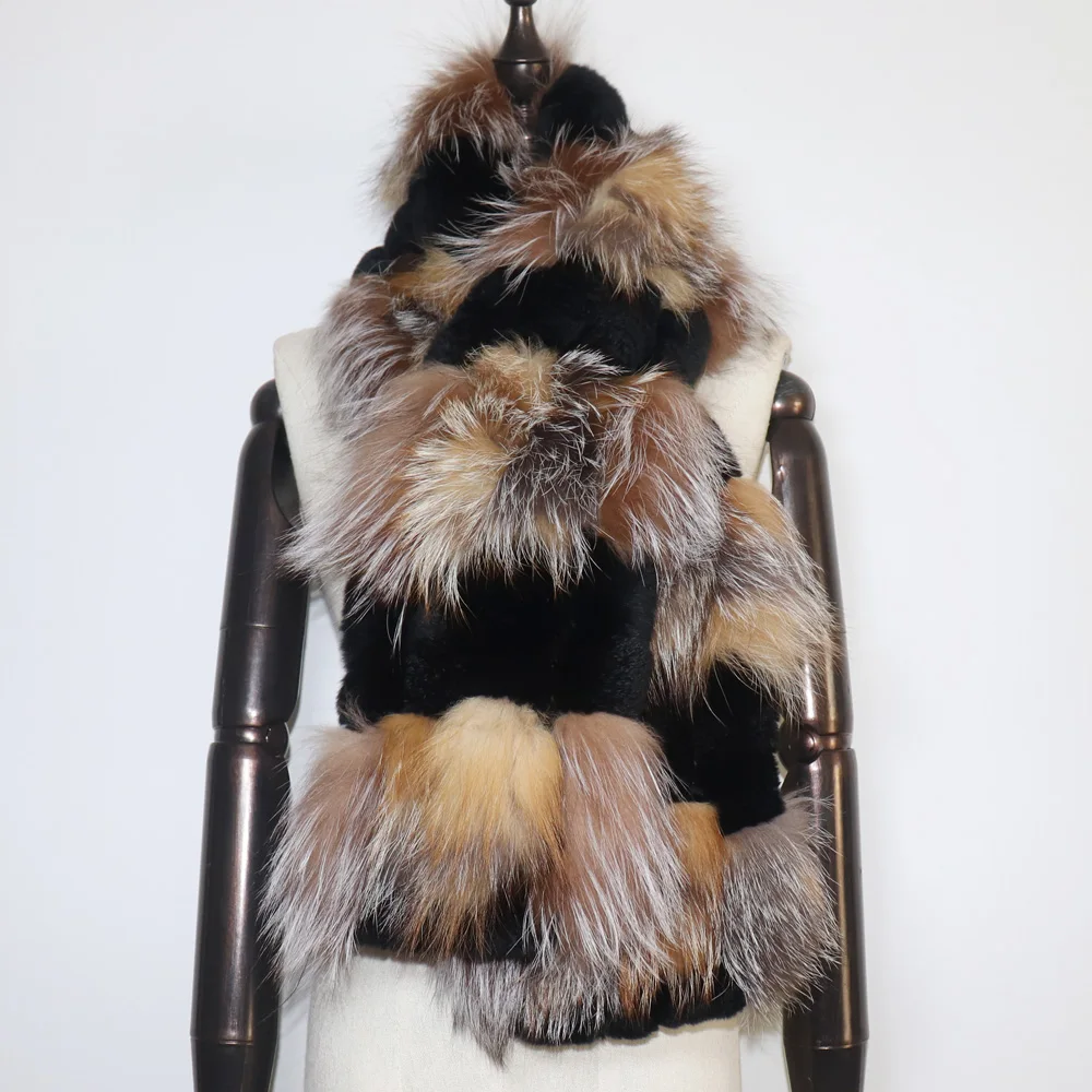 جديد الشتاء محبوك ريكس الأرنب الفراء وشاح مع الفضة الثعلب الفراء المرأة موضة الدافئة سميكة الإناث الشتاء الفراء والأوشحة الرقبة أدفأ فام