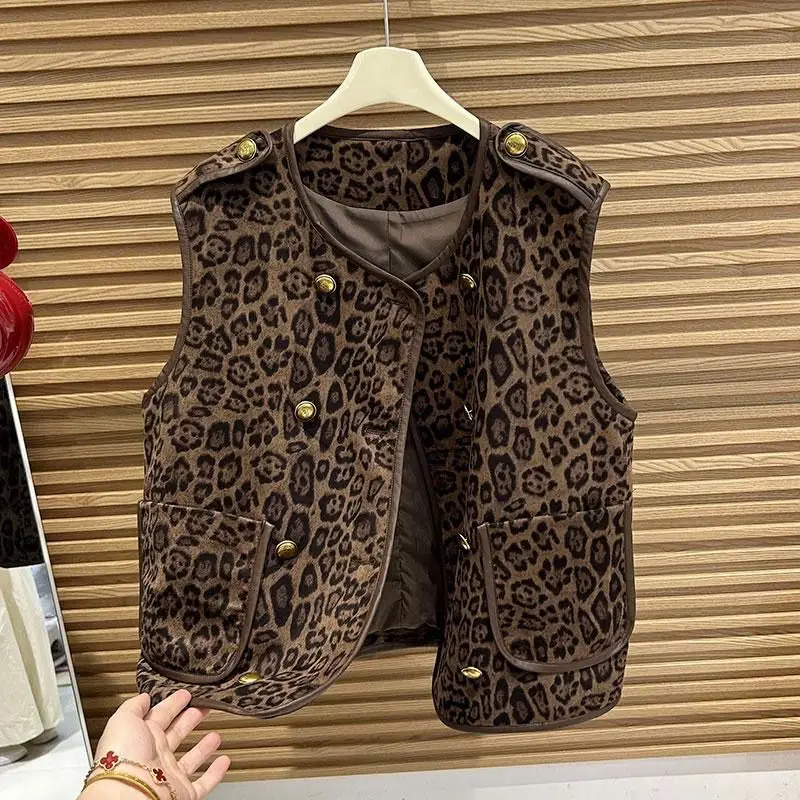 Fashionable Double-Row Button Leopard Print Vest Jacket Women's Spring Autumn Outerwear Trendy Shoulder Pad Top