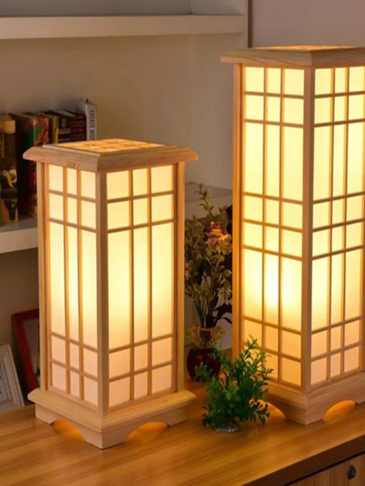 Modern Japanese LED floor lamp tatami style square wood bedroom living room high foot lamp