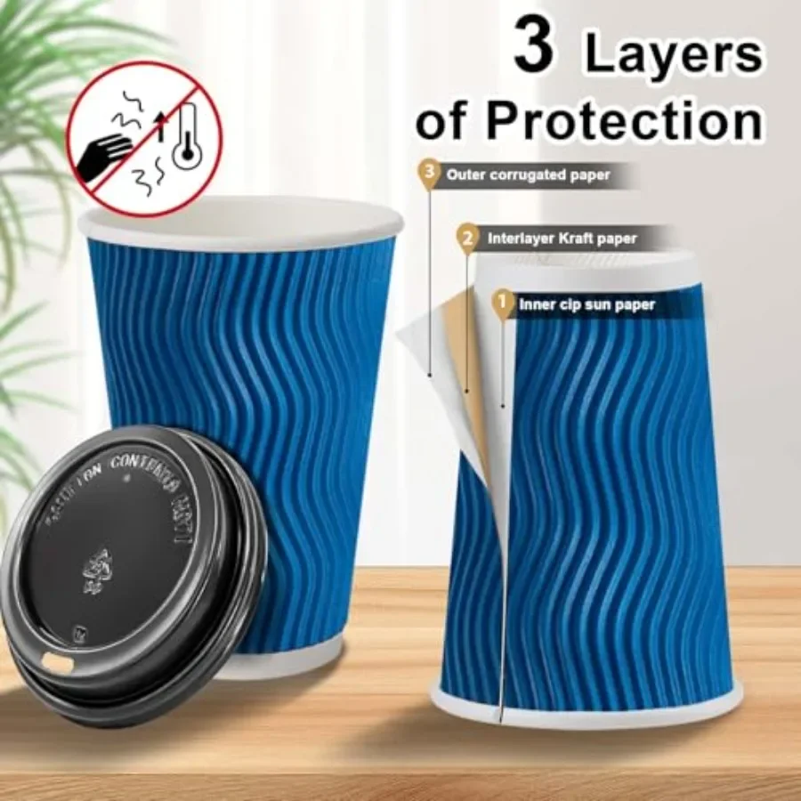 500 Pack Coffee Cups with Lids 16oz Disposable Insulated Ripple Wall To Go Paper Coffee Cups for Hot/Cold Drinks Office Home Sh view 3