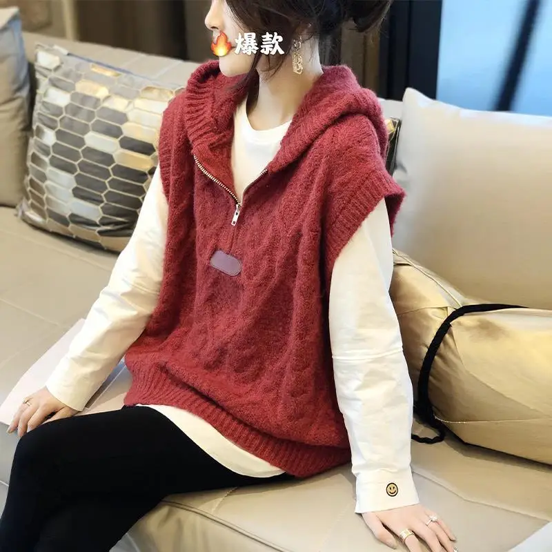 Red hooded knitted vest for women autumn and winter outer wear trendy sweater vest spring wear