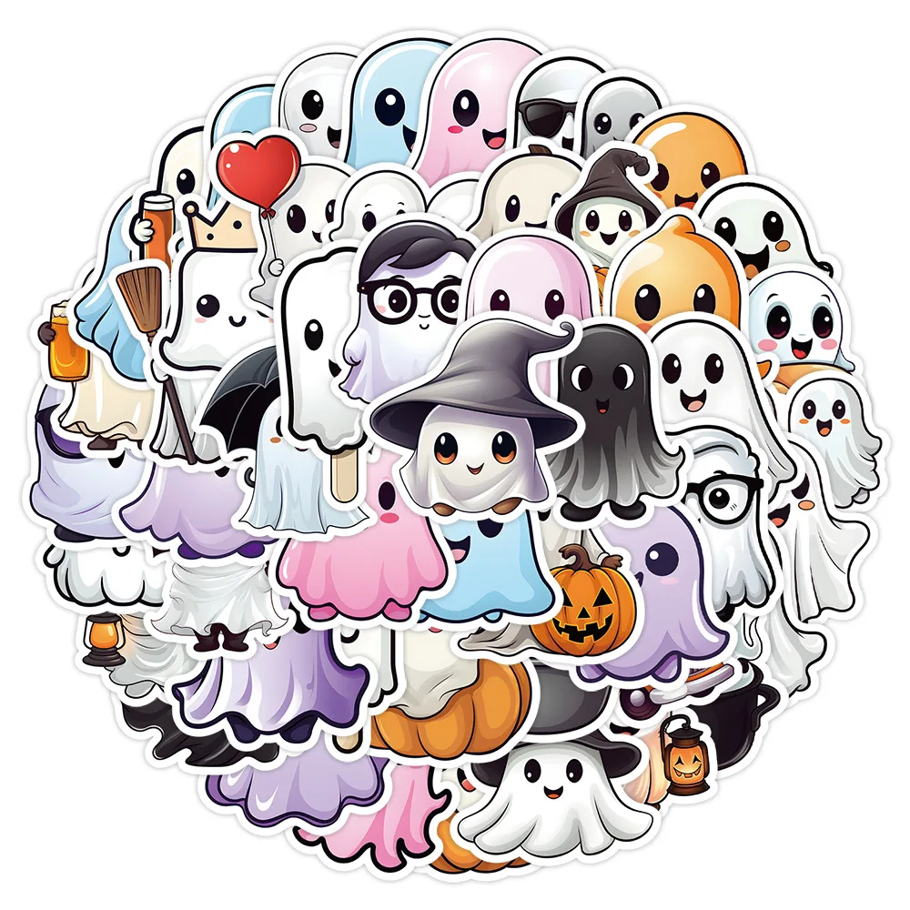 Cute Halloween Ghost Graffiti Sticker, brinquedo decalque impermeável, decoração do telefone móvel, copo de água, guitarra, geladeira, 10 pcs, 30 pcs, 50pcs