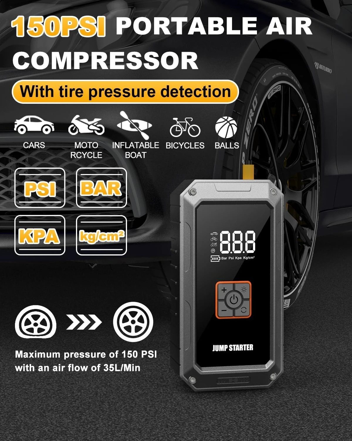 Car Battery Jump Starter 6000A with Air Compressor 150PSI Portable Power Pack 12V LED Light