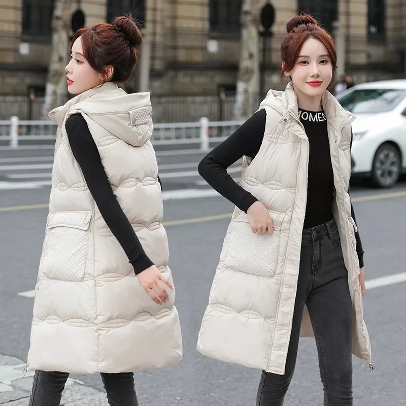 

Women Sleeveless Jacket New Autumn Winter Fashion Casual Female Warm Mid Long Vest Outerwear Ladies Removable Hooded Waistcoat