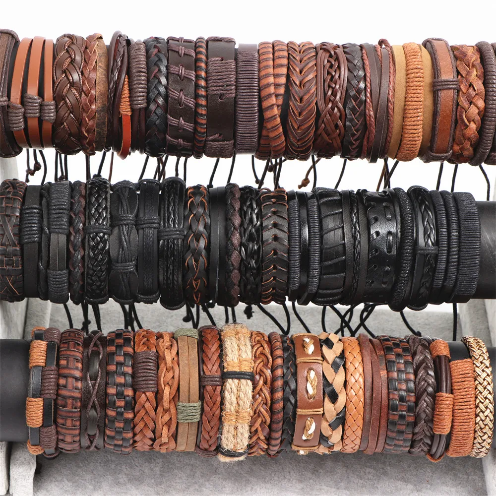 10/20/30/50/100Pcs/Lot Handmade Mens Mix Style Vintage Leather Bangle Bracelets Jewelry Cuff Bracelets For Women Size Adjustable