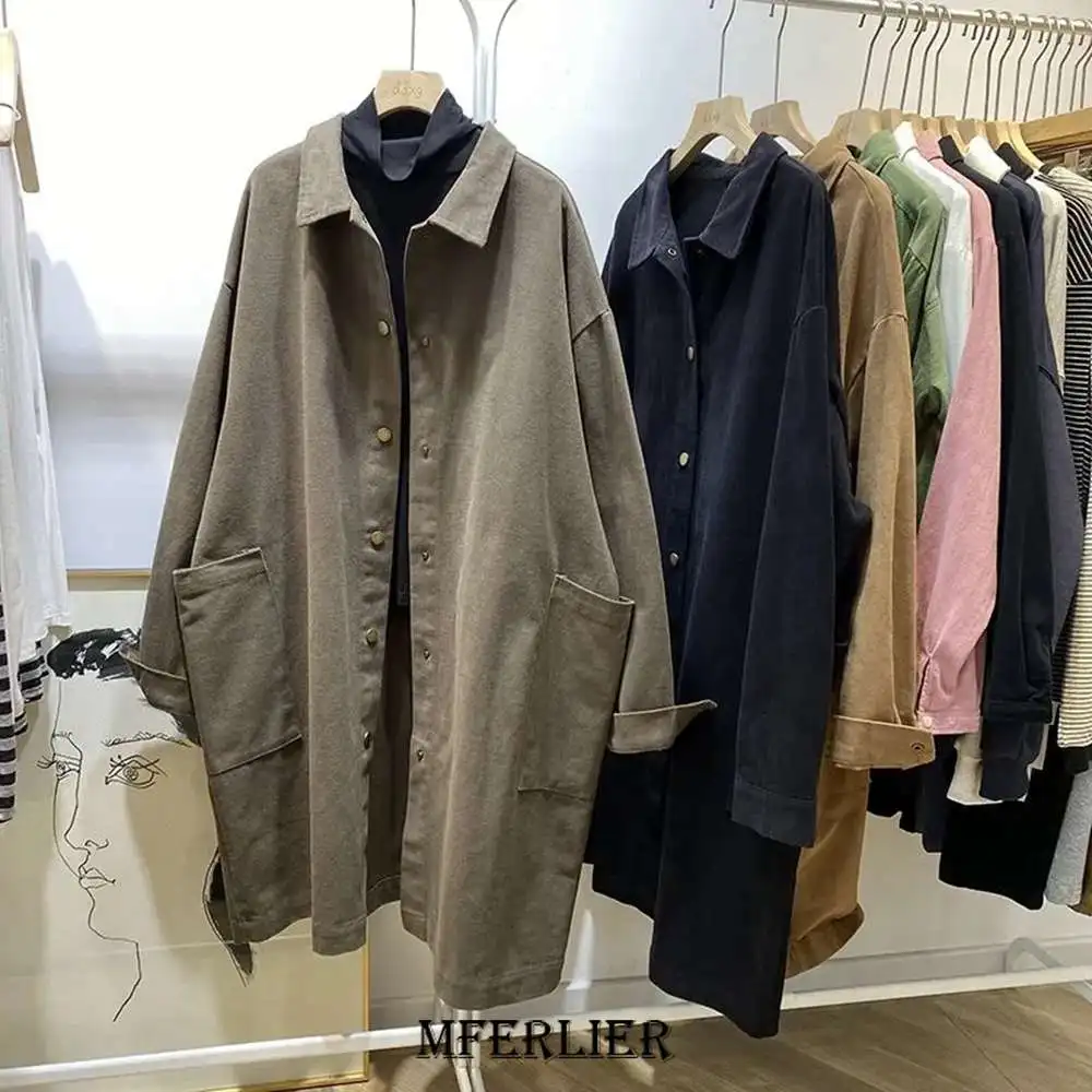 Plus Size 6XL 150kg Autumn Women Trench Solid Color Turn Down Collar Oversized Loose Vintage Streetwear Casual Windbreak Tops