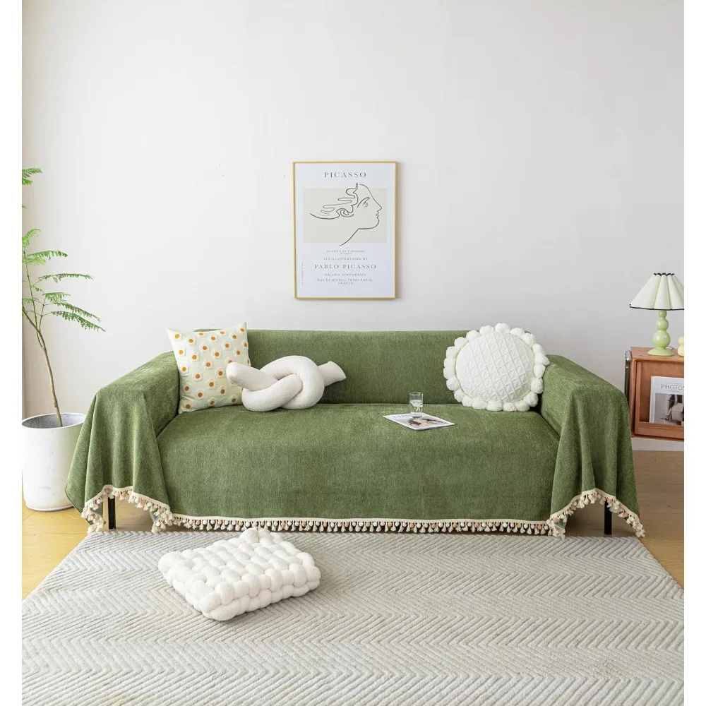 

HANDONTIME Green Sofa Cover Vintage Couch Cover for Dogs 91" X150" Couch Cushion Covers with Tassel Herringbone Sofa Cover Boho