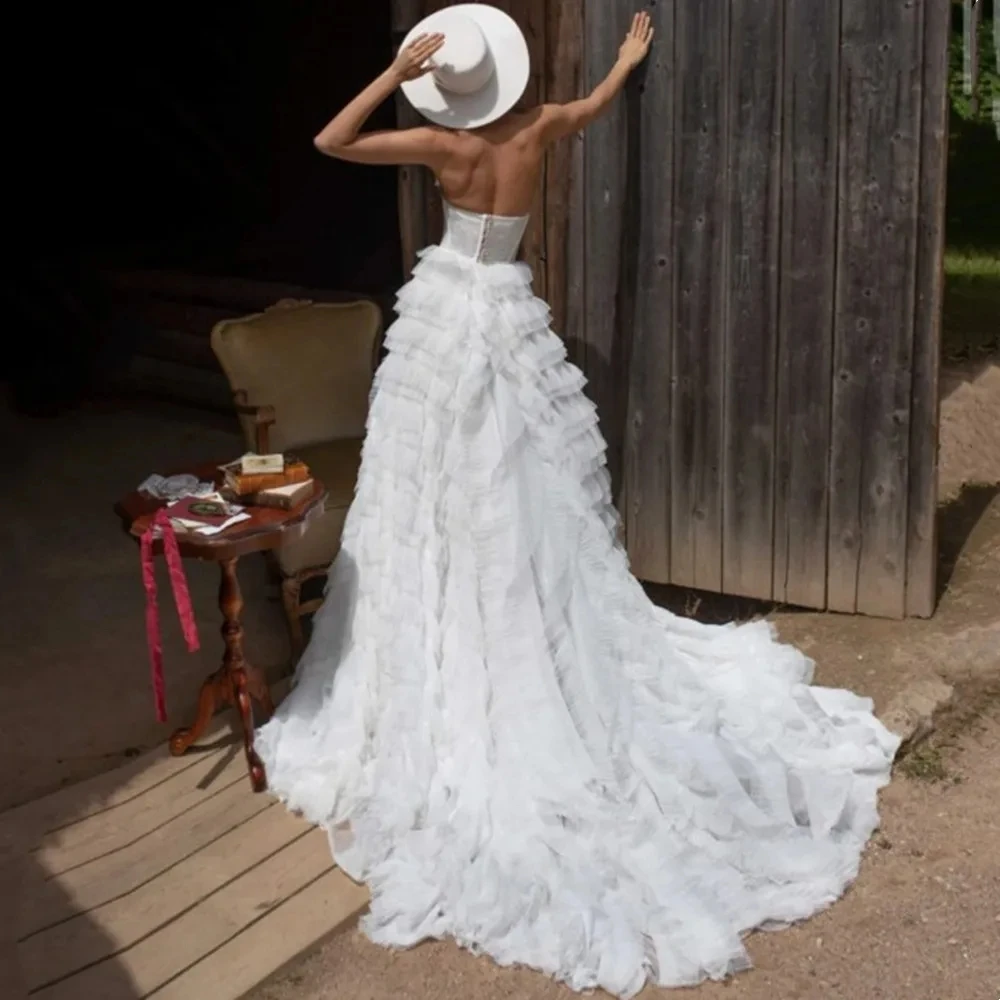 Boho Vintage Trouwjurken Strapless Mouwloze Sexy Bruidsjurken Tule Gelaagde A-Lijn Gewaden Voor Formele Feestvestidos De Novia