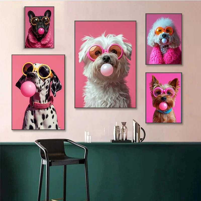 Dog Colorful Bubblegum Sunglasses Poster Prints Samoyed French Bulldog Corgi Canvas Painting Wall Art Picture Room Home Decor