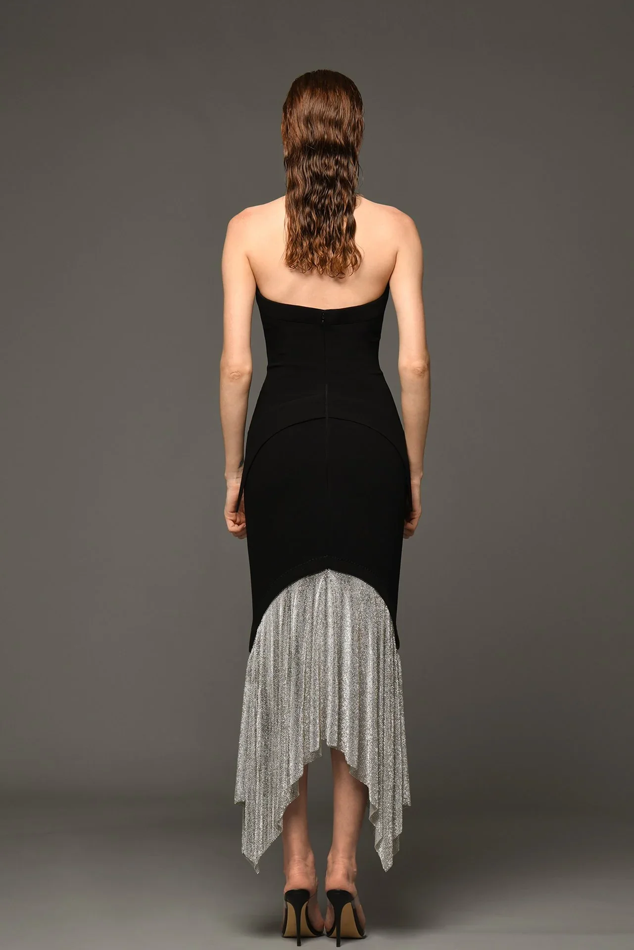 Damenmode, kontrastfarbenes A-Linien-Kleid in Knielänge, maßgeschneidertes trägerloses, ärmelloses Abendkleid mit Reißverschluss hinten, Partykleid