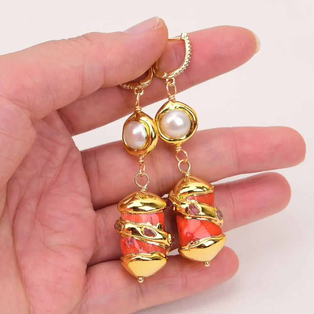 GG Natural White Pearl Orange Coral Branch Gold Plated CZ Hook Dangle Earrings