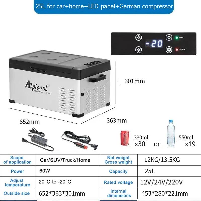 Alpicool 25L Car Refrigerator 12V 24V Compressor Refrigerator Portable Cooler 220V Car Home Outdoor Refrigeration For Picnic