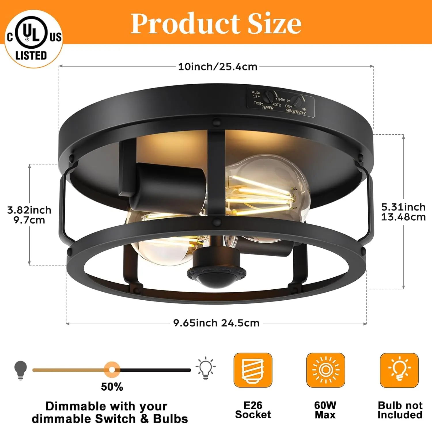 Luz de techo para exteriores, lámpara de techo empotrada con sensor de movimiento de 2 luces, montaje en techo para luz de porche exterior de atardecer al amanecer