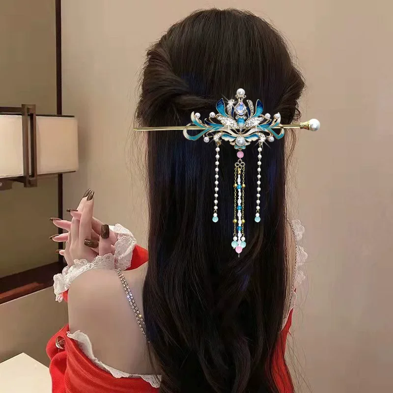 New Chinese Style Headwear Beads Flower Tassels Alloy Hair Sticks for Women Ladies Decorate Hair Clip Hanfu Hair Accessories