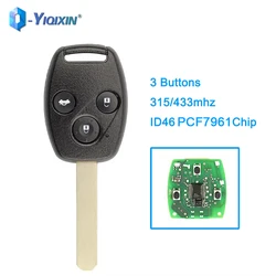 YIQIXIN 3 Buttons 315/433mhz Remote Car Key For Honda Civic CRV Pilot Insight Jazz HRV ID46 PCF7961 Chip 2003 2008 2009 Accord