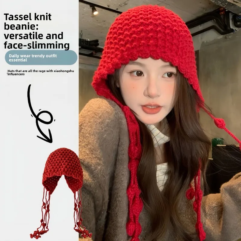 Autumn Winter Warm Wool Hat Hand Woven Hollow Bag Hat Women Ethnic Style Fringed Ear Protector Knitted Hat Soft Cozy Fashion
